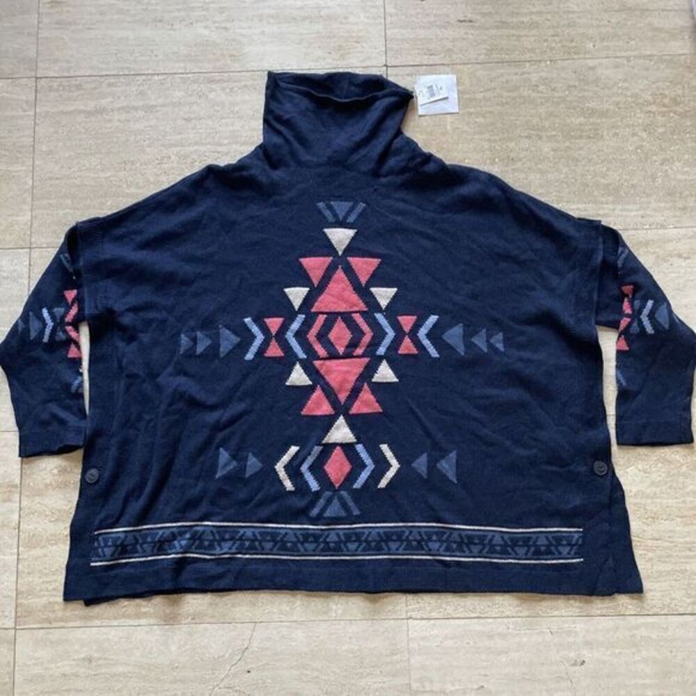 J.Jill Intarsia Funnel Neck Indigo Blue Southwest Aztec Poncho Sweater XL